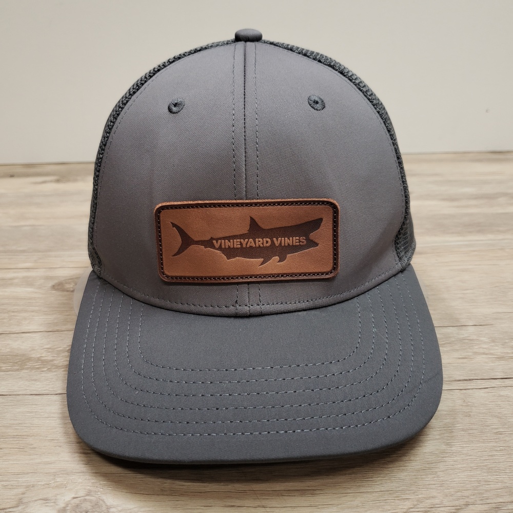 Vineyard Vines Hat Cap Snapback Mens One Size Gray Trucker Leather Patch Adj